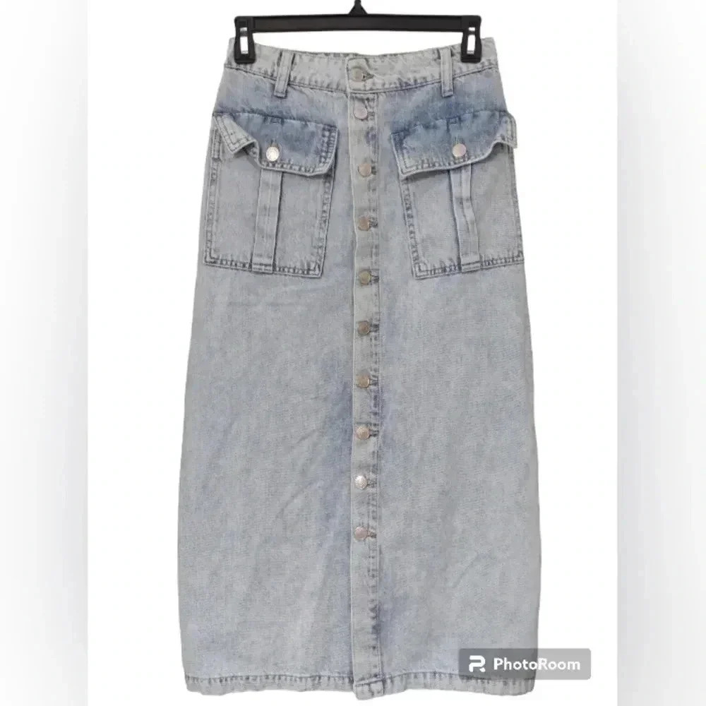 Free People Long Denim Button Up Midi Skirt Size 0